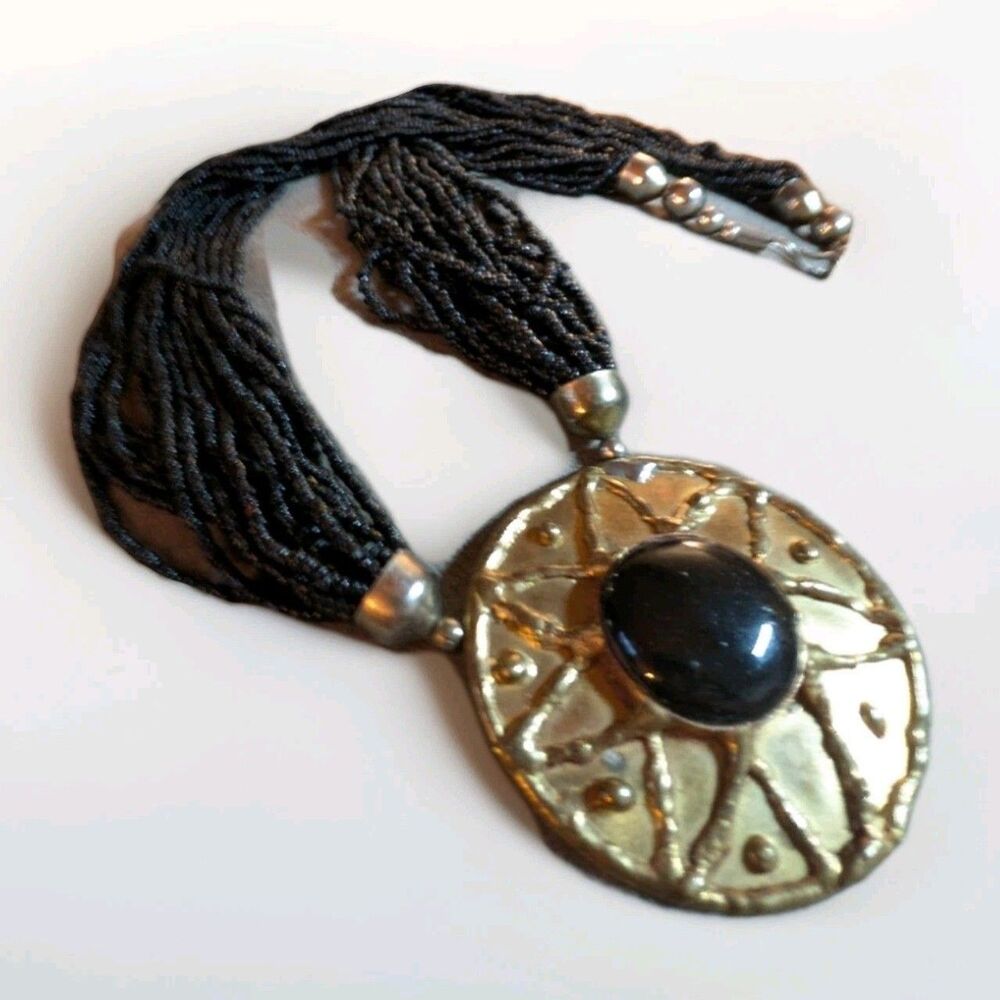 Vintage Multi Strand Large Pendant Necklace Celestial Sunburst Black Seed Bead